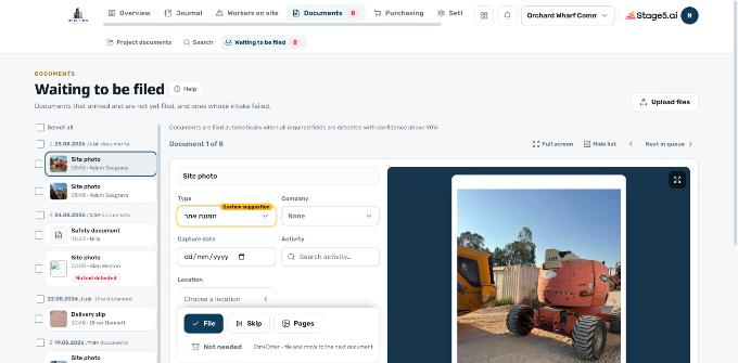 The document inbox, showing a site photo arriving from the field with the original message beside it